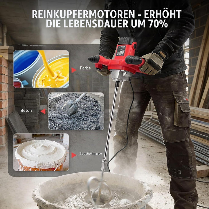 Anbull 2100W Rührwerk betonrührer,6-Gang-Getriebe 0-930U/min betonmischer, M14 Chrom Spiralstange 60