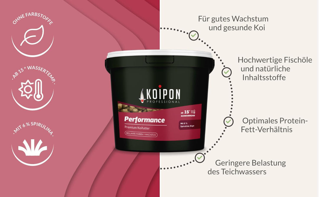 KOIPON Performance 4 kg Koifutter Sommer für Farbe, schwimmend, 6% Spirulina, Teichfutter 6 mm Pelle