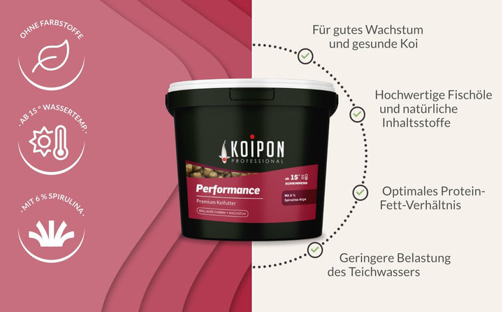 KOIPON Performance 2 kg Koifutter Sommer für Farbe, schwimmend, 6% Spirulina, Teichfutter 3 mm Pelle