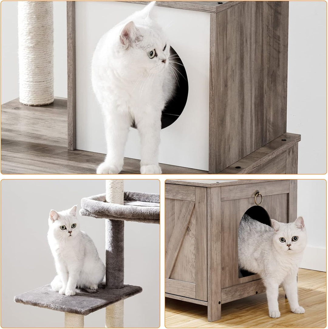 HOOBRO Kratzbaum mit Katzenklo-Schrank, 2-in-1 Katzenbaum, 150 cm, versteckte Katzentoilettenmöbel,