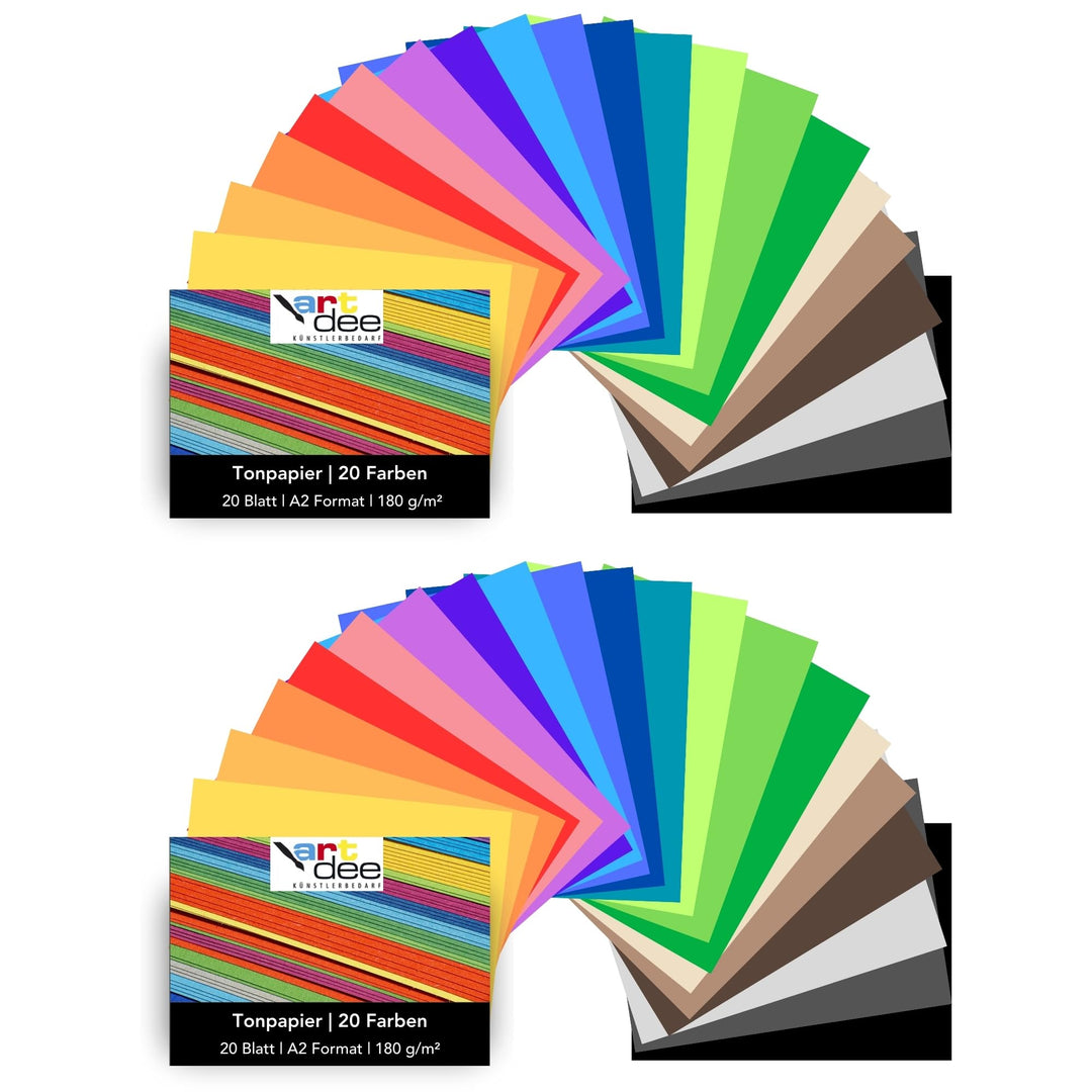 artdee® Tonpapier bunt in 20 verschiedenen Farben 180 g/m² – Bastelpapier Set (40 Blatt gemischt in