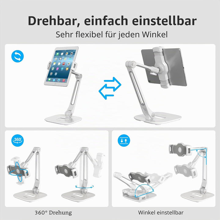 AboveTEK Long Arm Aluminium Tablet Ständer, Klapp Tablet Ständer mit 360 ° Swivel Clamp Halterung, p