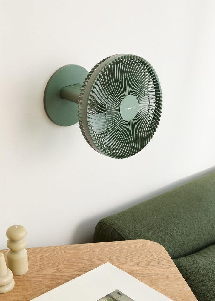 CREATE Air Dual Compact Tisch- und Wandventilator mit wiederaufladbarem Akku, Salbeigrün / leise, 2-