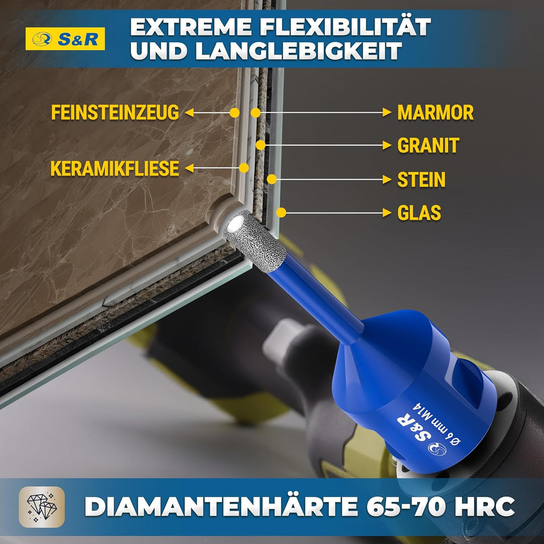 S&R Professional 2-tlg Diamantbohrer M14, Diamant Fliesenbohrer Set 6mm für Winkelschleifer, für Har