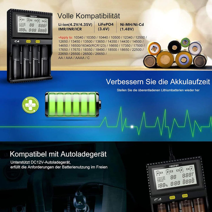 Universal akku Ladegerät, 18650 Baterieaufladegerät mit 4 Schacht, LCD-Display Batterien Ladegerät f