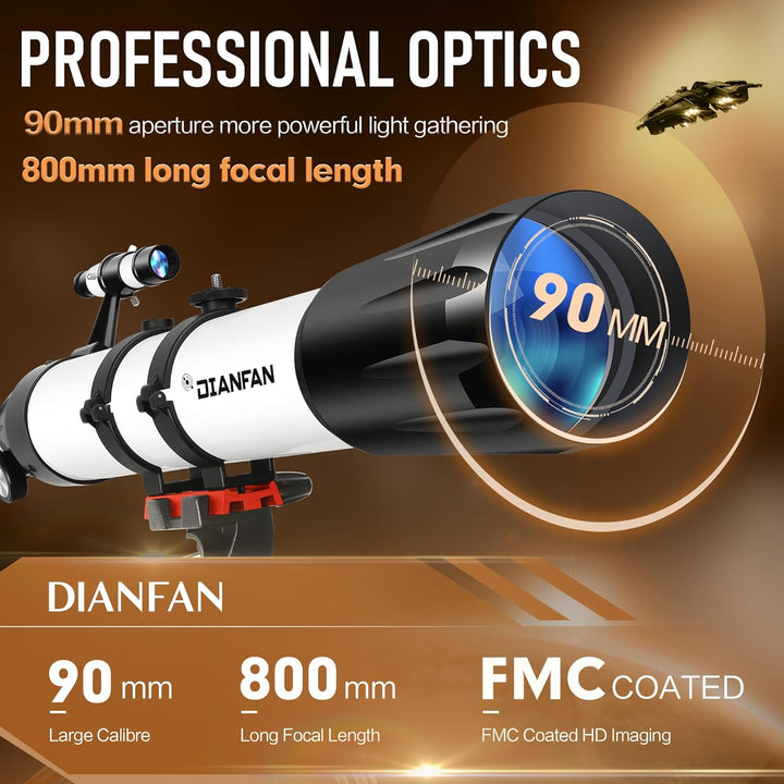 Dianfan Teleskop,90 mm Öffnung 800 Teleskop Astronomie für Erwachsene,32X-240X Refraktor Teleskope f