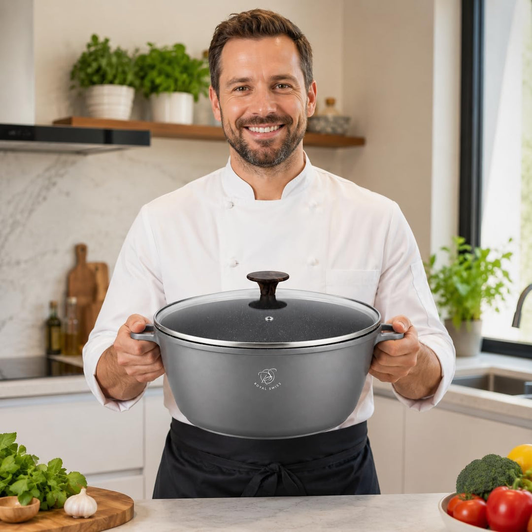 Royal Swiss® Kochtopf aus Aluminiumguss, Ø 32 cm - 9.5 Liter Gussaluminium mit Marmor-Antihaftbeschi