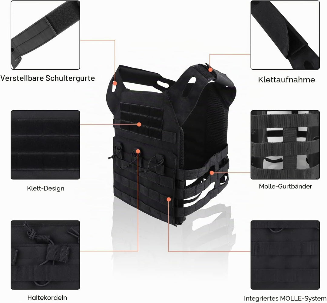FOCUHUNTER Multifunktionale Molle Weste, Schwarz atmungsaktiv, bequeme Aufbewahrungstasche, Weste, A