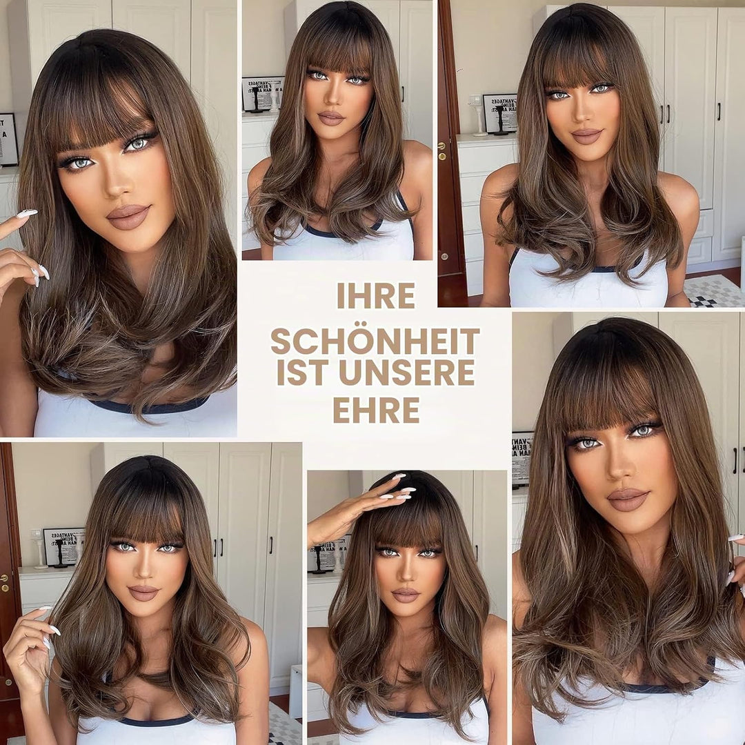 HAIRCUBE Lange Braune Perücken für Damen, Synthetische Perücken mit Pony Hitzebeständige Perücken Sc