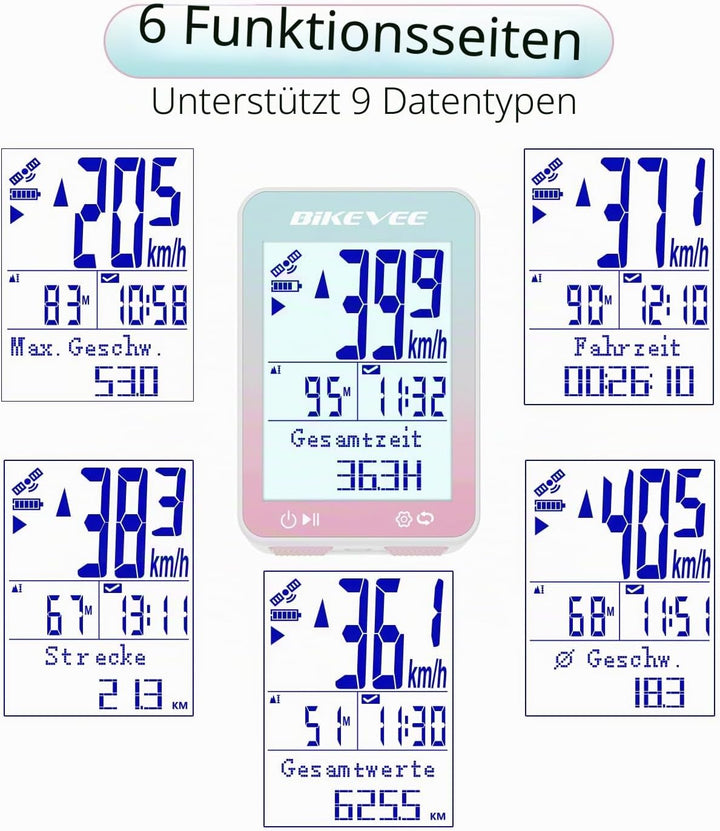 GPS Fahrradcomputer Kabellos IPX7 Wasserdicht 2.4'' FSTN Display 28H Akku Rosa-A【Standardhalterung】,