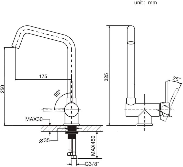 ONECE Vorfenstermontage Küchenarmatur Schwarz, Wasserhahn Küche Klappbar mit 2 Strahlarten, Armatur