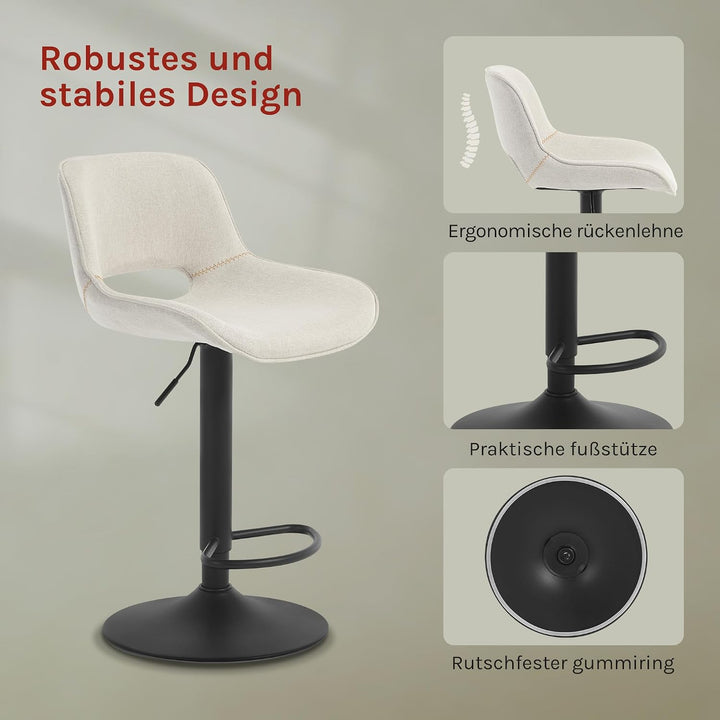 WOLTU Barhocker 2er Set, höhenverstellbar, mit Rückenlehne, Leinen, Beige | Barstuhl mit Fussstütze,