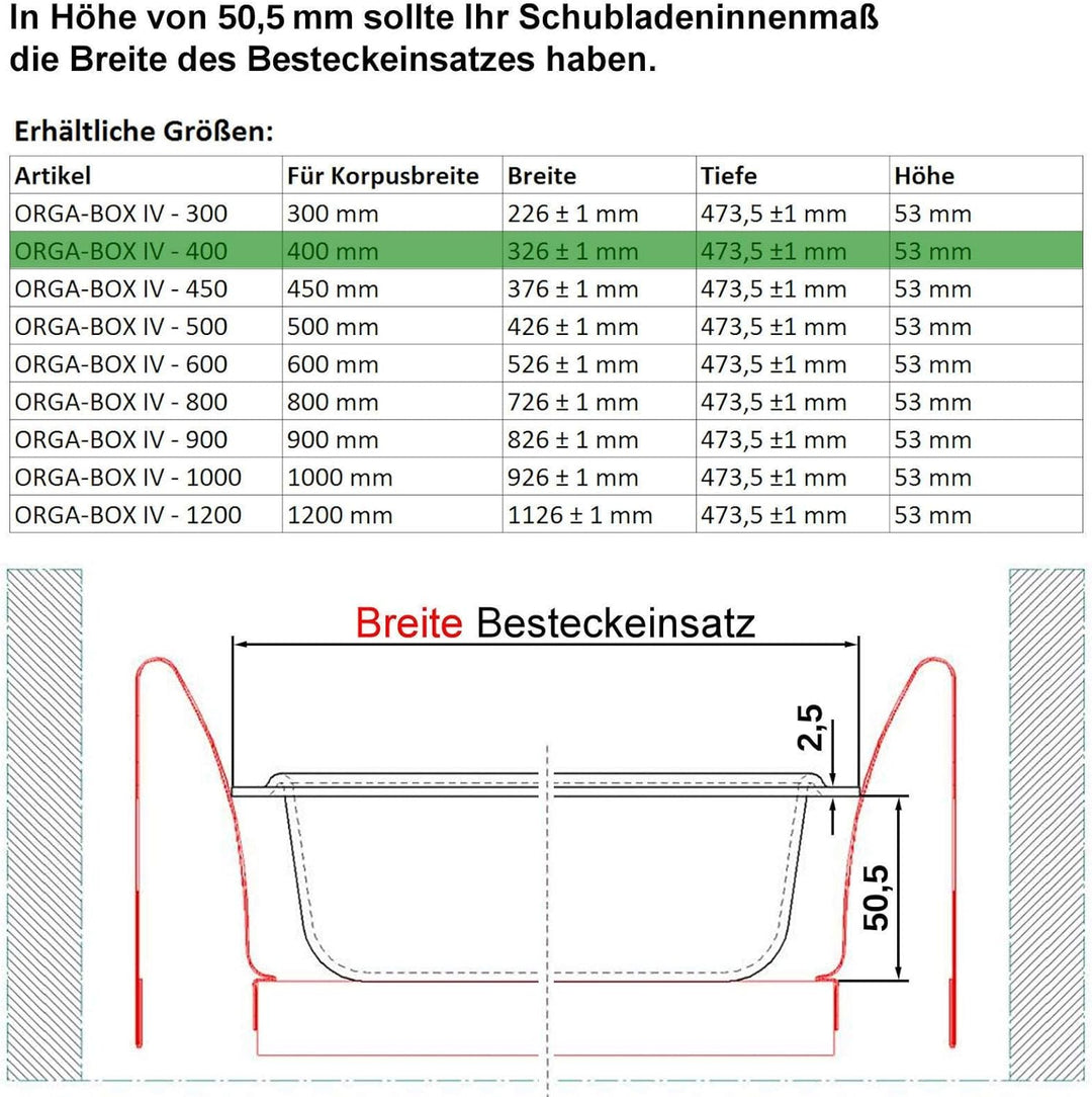 Orga-Box® IV UNIVERSAL Besteckeinsatz Besteckkasten silbergrau für 40er Schublade (473,5 x 326 mm) B