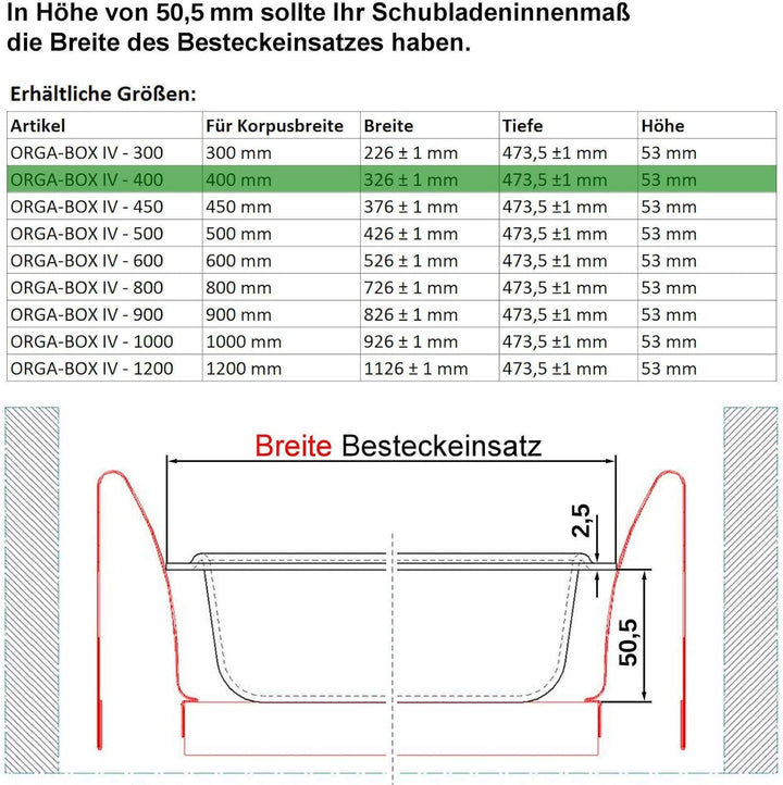 Orga-Box® IV UNIVERSAL Besteckeinsatz Besteckkasten silbergrau für 40er Schublade (473,5 x 326 mm) B