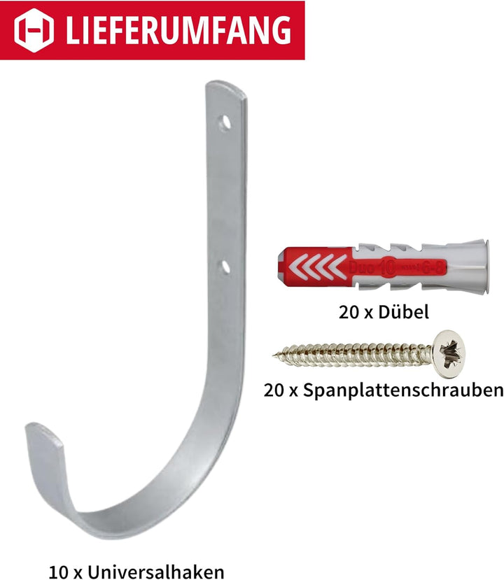 Gedotec Wandhalterung - Universal-Haken Stahl verzinkt | 10 Stück Leiterhaken gebogen 180 x 100 mm |