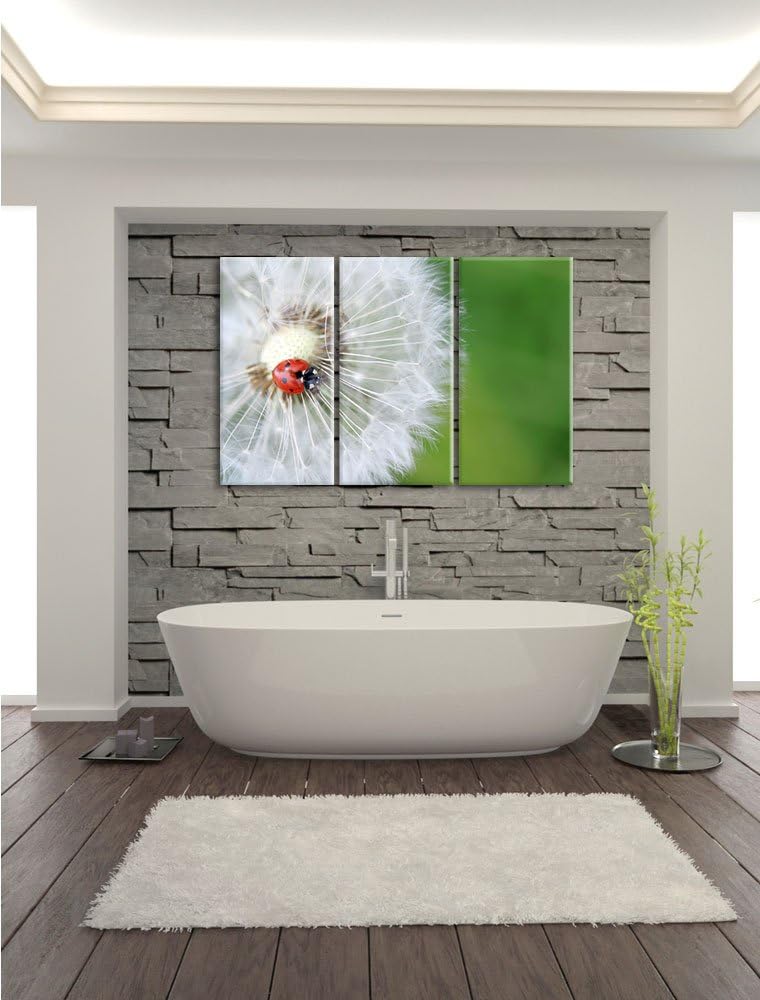 Pixxprint Marienkäfer auf einem Löwenzahn / 3-Teilig/Gesamtmass 120cm Leinwandbild bespannt auf Holz