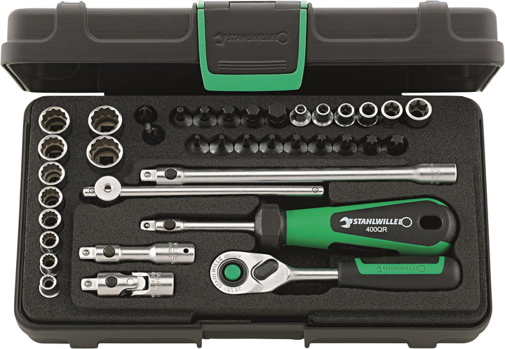 STAHLWILLE 1/4“ Steckschlüsselsatz 38-tlg. | mit QR-Ratsche, Verlängerung, TORX Nuss l Made in Germa