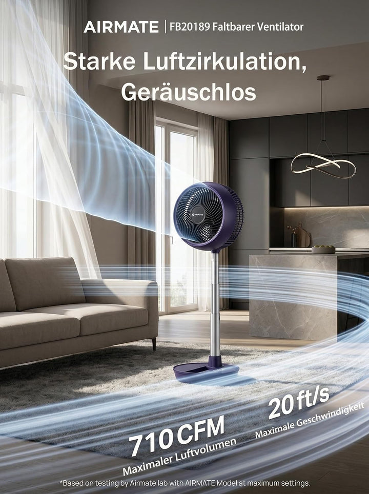 AIRMATE 63cm Ventilator mit Fernbedienung, Faltbarer Standventilator sehr leise, 90°+180° Oszillatio