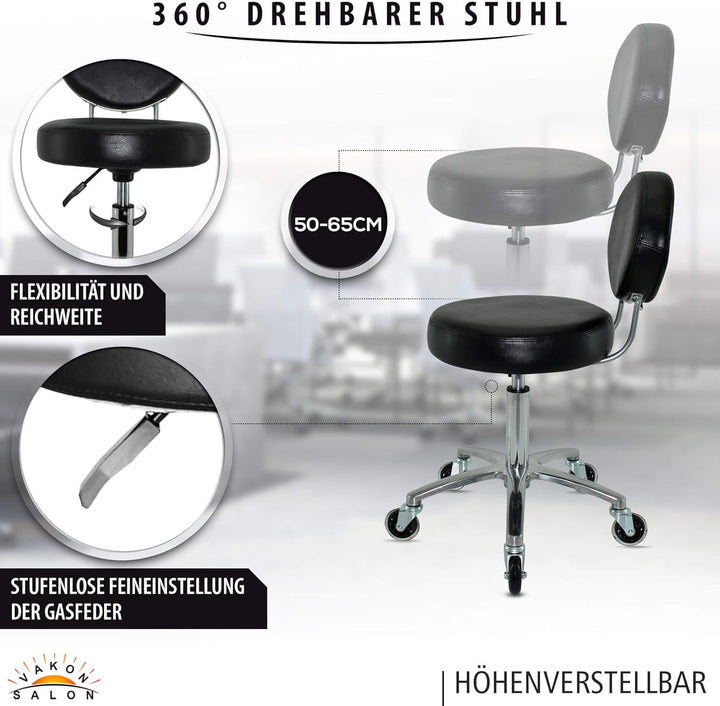 Premium Rollhocker mit ovaler Lehne höhenverstellbar von 50 bis 65 cm - Rundsitz- Drehhocker Arbeits
