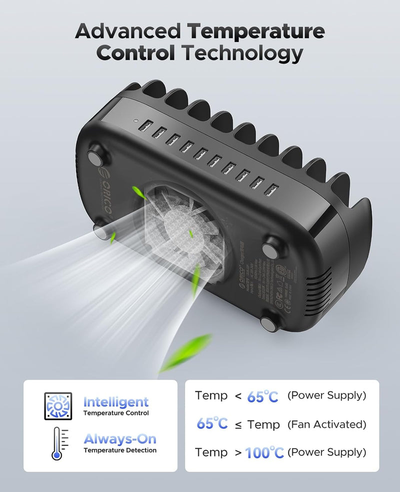 ORICO 120W Ladestation für Mehrere Geräte, Neues Upgrade 10 Ports Smart USB Ladestation mit Kühlvent