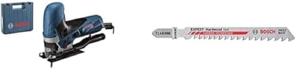 Bosch Professional Stichsäge GST 90 E (1x Sägeblatt, Absaug-Set, im Koffer) + 3x Expert ‘Hardwood Fa