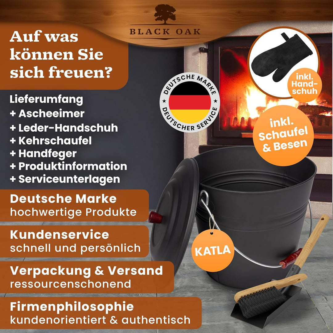 BLACK OAK Ascheeimer Katla 15L – Set Schaufel, Besen & Lederhandschuh schwarz rund mit Deckel gross