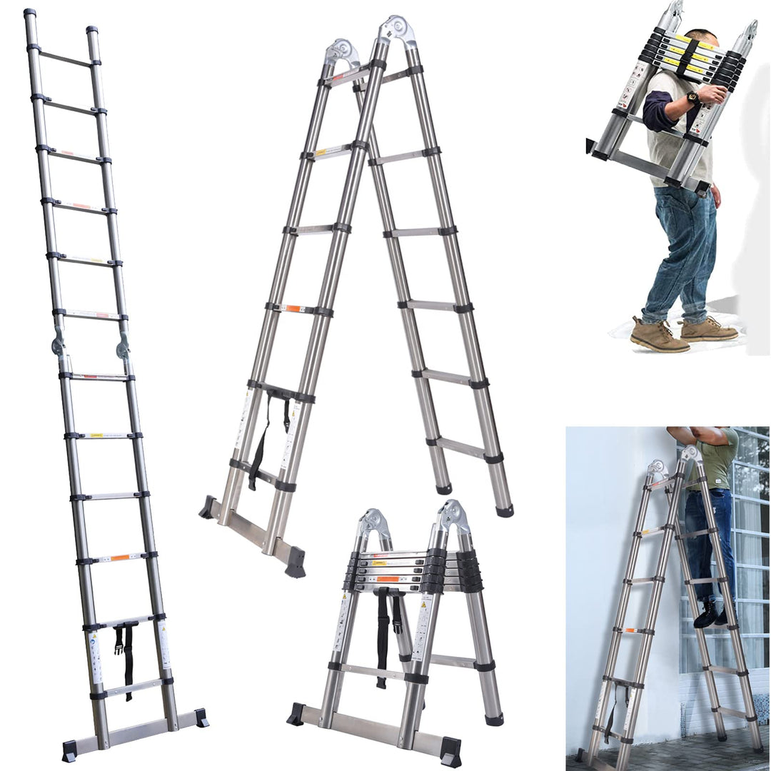 Teleskopleiter, 3,8 m (1,9 m + 1,9 m), robuste Klappleiter, Edelstahl, tragbar, Mehrzweck-Ausziehlei