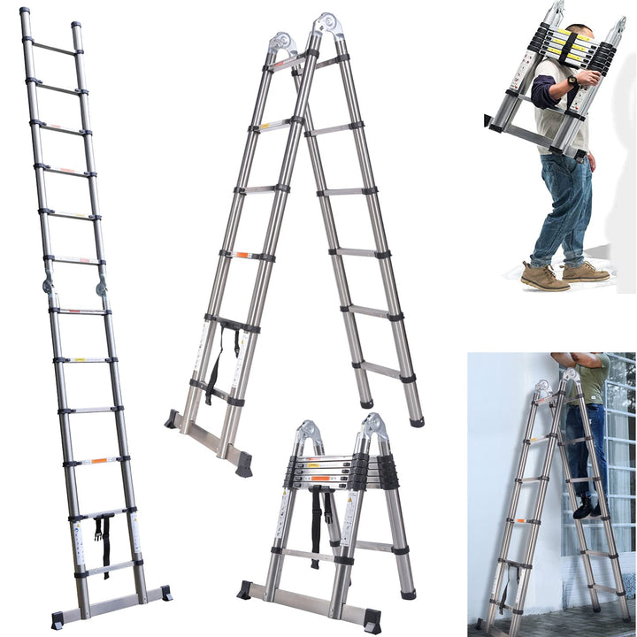 Teleskopleiter, 3,8 m (1,9 m + 1,9 m), robuste Klappleiter, Edelstahl, tragbar, Mehrzweck-Ausziehlei