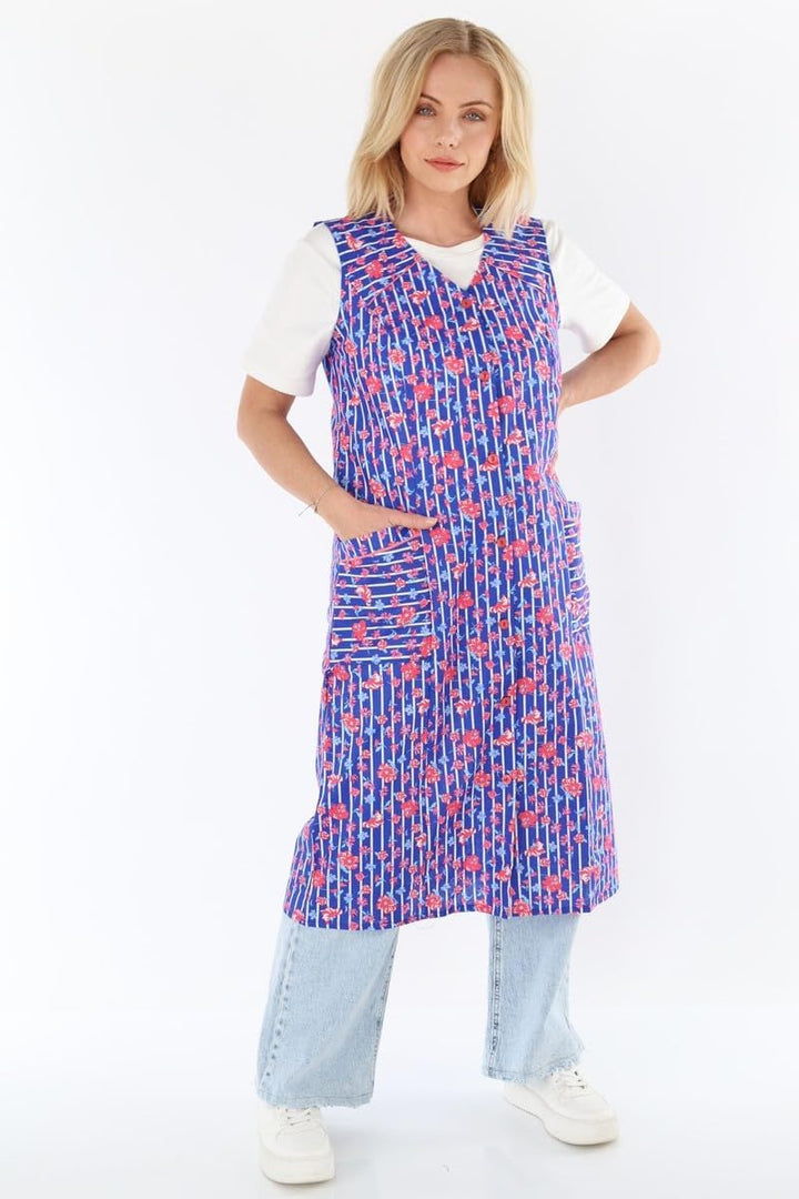 Knopfkittel Baumwolle bunt Kochschürze Hauskleid Kittel Schürze ohne Arm 38 Blau/Rot, 38 Blau/Rot