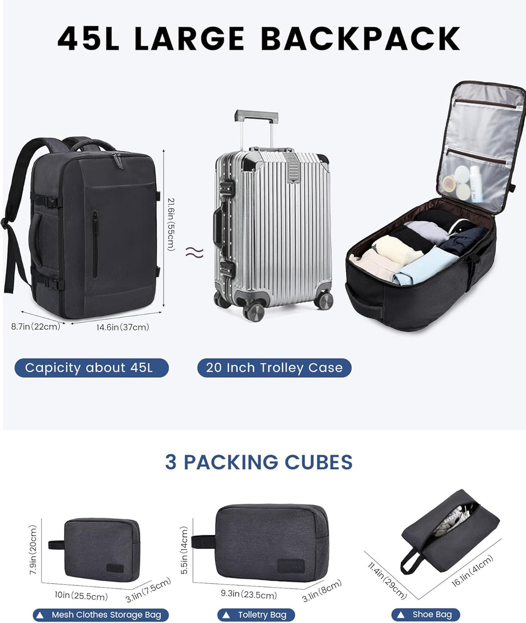 LOVEVOOK 45L Reiserucksack Handgepäck Flugzeug Gross, 18 Zoll Laptop Rucksack Travel Backpack Carry