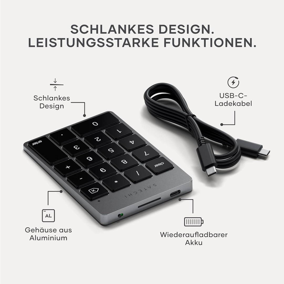 SATECHI Bluetooth Zahlenblock – Kabelloser Aluminium 18-Tasten Nummernblock – USB-C wiederaufladbare