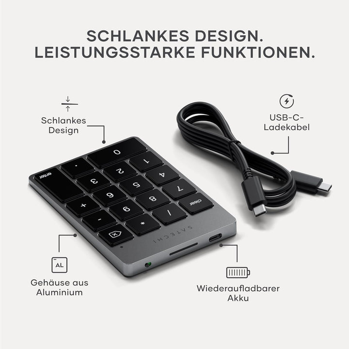 SATECHI Bluetooth Zahlenblock – Kabelloser Aluminium 18-Tasten Nummernblock – USB-C wiederaufladbare