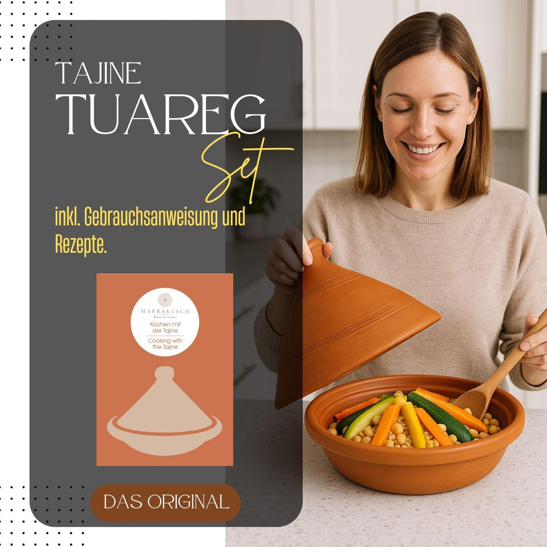 Tajine, original aus Marokko, Tontopf zum Kochen, Tuareg Ø 30cm, für 4-5 Personen, handgetöpfert aus