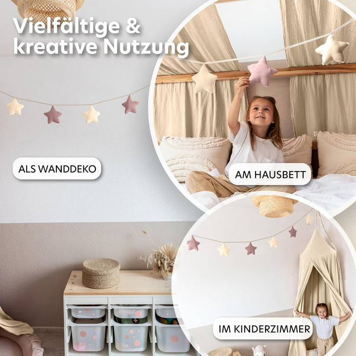 LILIMAUS Sternen Wimpelkette Stoff - 12 Farben - Kinderzimmer Deko - 100% Baumwolle Handmade - Musse