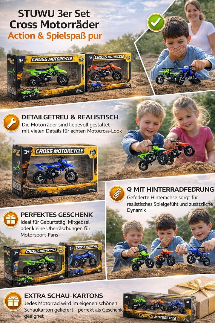 3er Set Cross Motorrad Spielzeug – Motocross Bikes für Kinder – je ca. 13 cm – Geschenk Set Jungen –