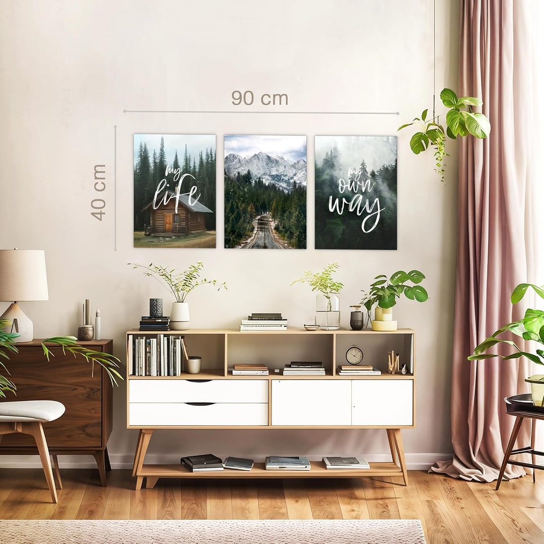 Novart Wandbilder Set Natur Berge - KOMPLETT AUFHÄNGFERTIG - Wohnzimmer Schlafzimmer Flur Deko - 3 M