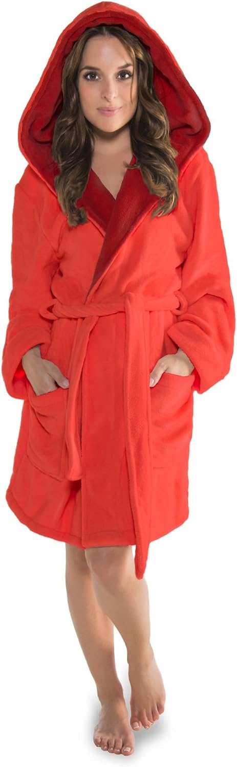 CelinaTex XS-XXXL Bademantel Kapuze zweifarbig kurz aufgesetzte Taschen Damen Mikrofaser Kuschelflee