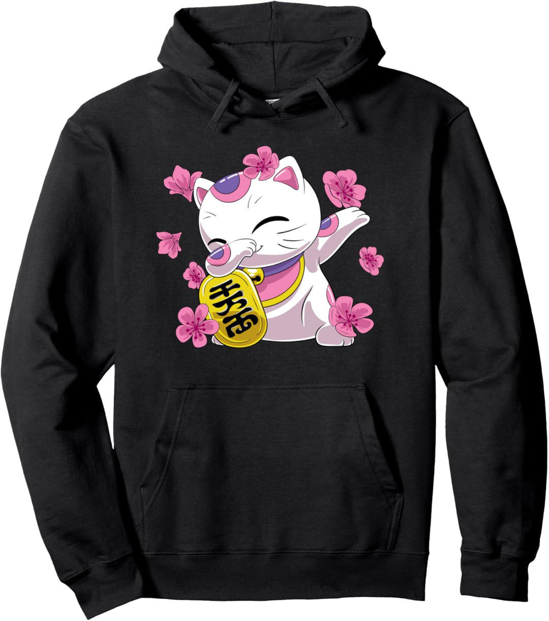 Dabbing Maneki Neko Japanische Glückskatze und Sakura Blumen Pullover Hoodie