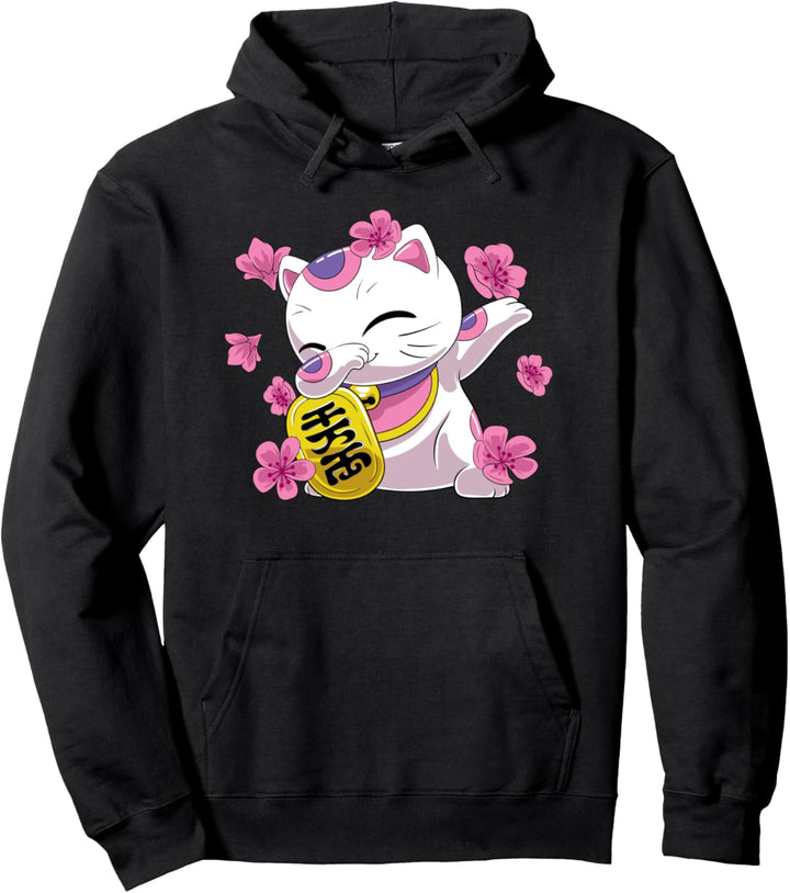 Dabbing Maneki Neko Japanische Glückskatze und Sakura Blumen Pullover Hoodie