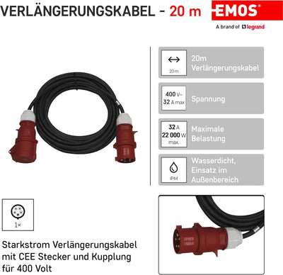 EMOS CEE-Verlängerungskabel 20m 5-polig Stecker, 5X 32 A / 400V / 22 000 W, 4 mm2, IP44 wasserdichte