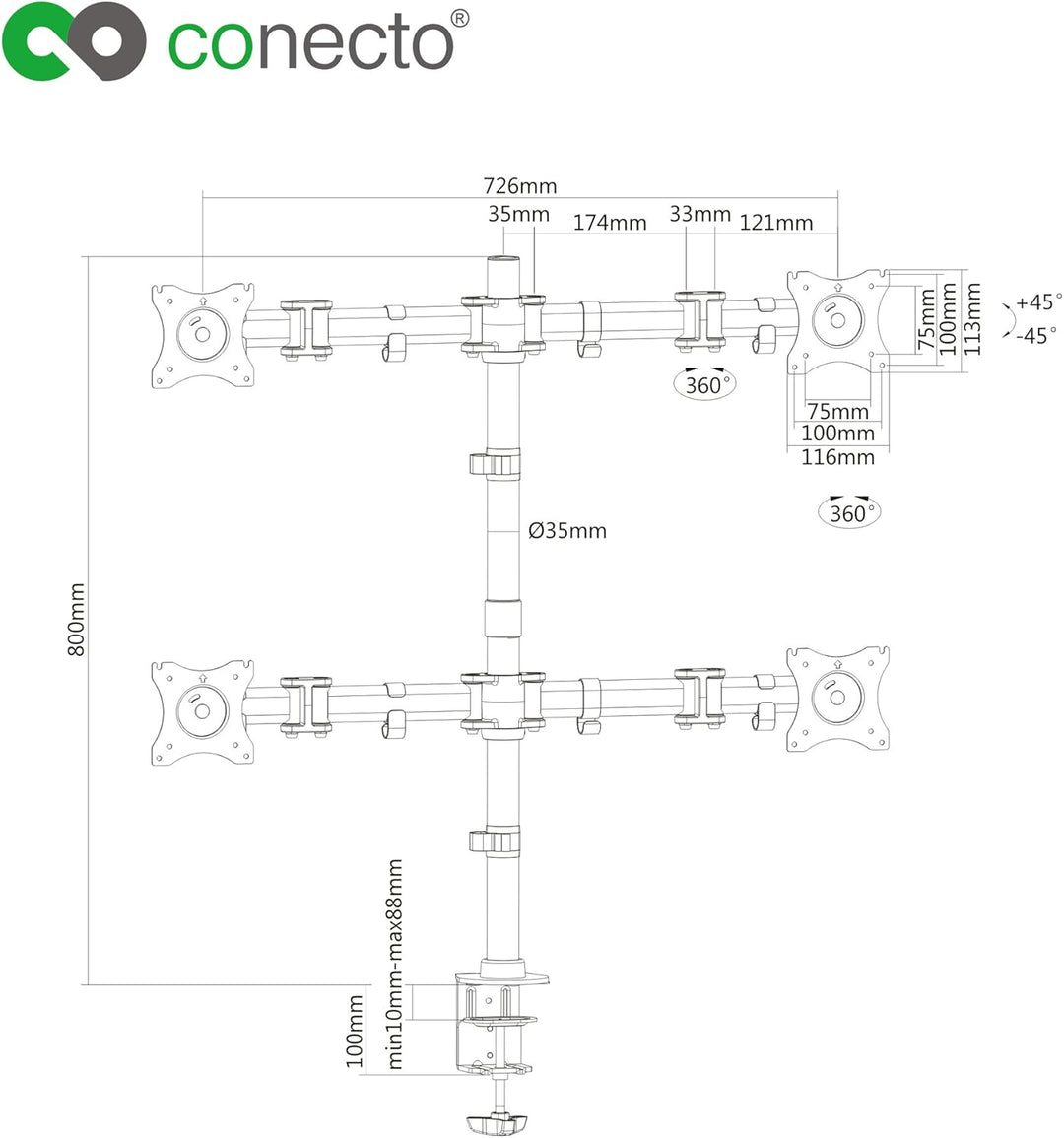 conecto, Monitorhalterung für Vier Bildschirme bis 27 Zoll, neigbar +/- 45°, drehbar +/- 180°, drehb