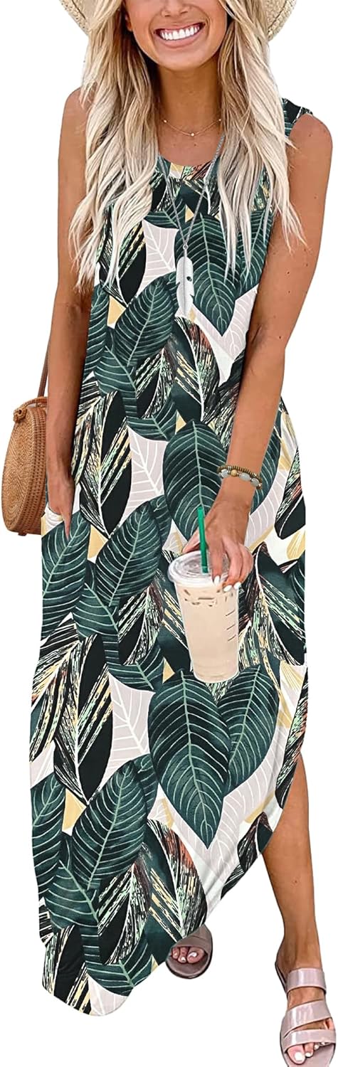 AUSELILY Maxikleider Damen Sommer Ärmellos Strandkleid Lang Sommer-Kleider XL Blattdruck, XL Blattdr