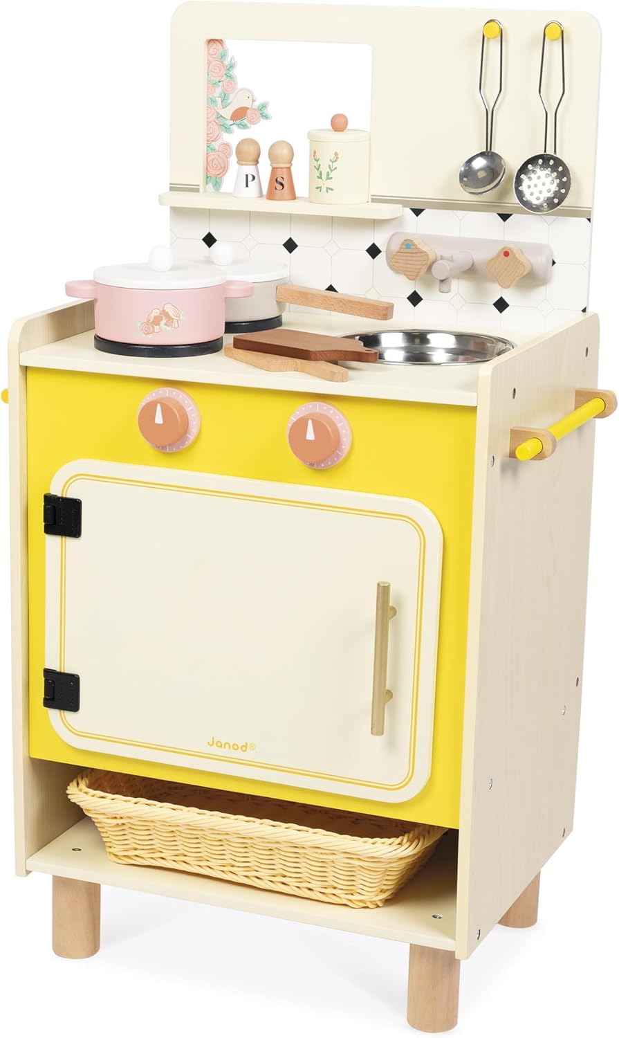 Janod - Kinderküche aus Holz - Ausgestattet mit Backofen, Spüle und 11 Zubehörteilen - Sonore Drehkn