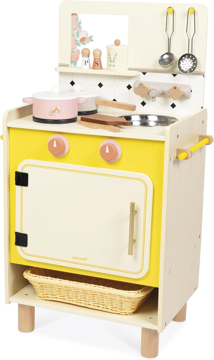 Janod - Kinderküche aus Holz - Ausgestattet mit Backofen, Spüle und 11 Zubehörteilen - Sonore Drehkn
