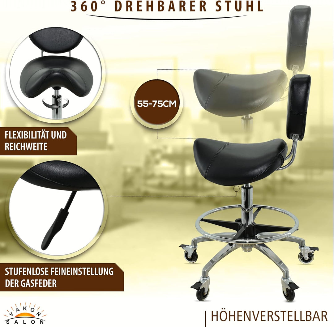 Premium Sattelhocker schwarz mit Bremse und Lehne, Sattelstuhl für Rückenentlastung, Rollhocker höhe