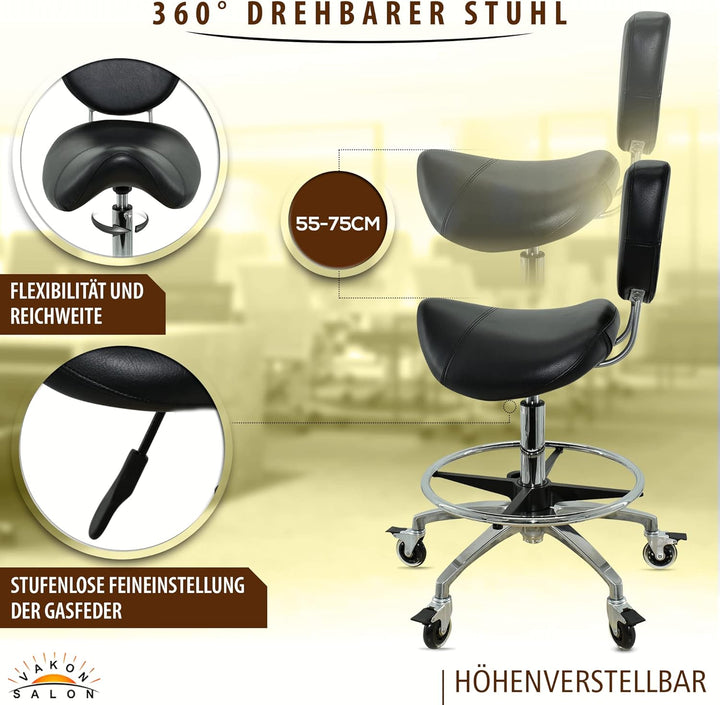 Premium Sattelhocker schwarz mit Bremse und Lehne, Sattelstuhl für Rückenentlastung, Rollhocker höhe