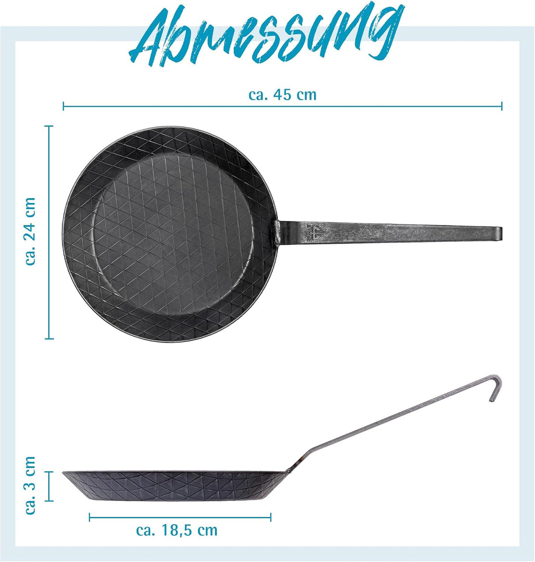 GRÄWE F400 Schmiedeeiserne Bratpfanne, Ø 24 cm, Eisenpfanne mit Wender | 400° C hitzebeständig, Pfan