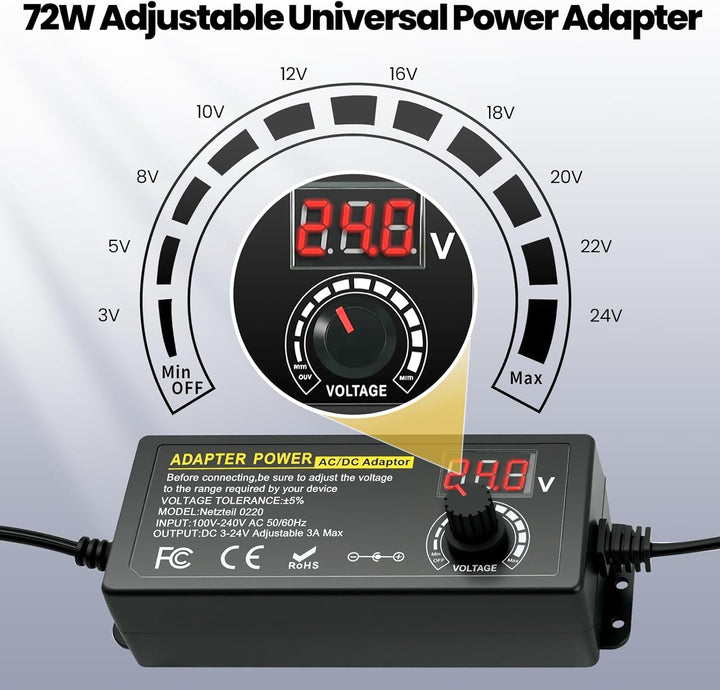 Universal Netzteil 72W, 3V-24V & 3A Max Einstellbare Spannung,100-240V AC/DC Netzteiladapter mit LED