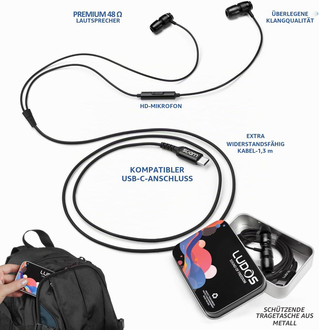 LUDOS Clamor 2 Pro USB C Kopfhörer, 5 Jahre Garantie für iPhone 16 15 Pro Max Plus Samsung Galaxy S2