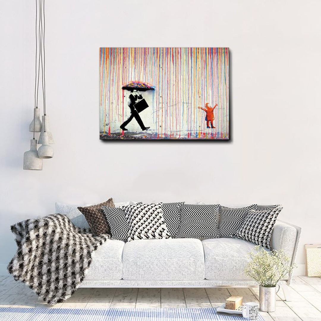 Giallobus - Gemälde - Banksy - Regen der Farben - Premium Loom Canvas mit hoher Dicke - 100x70 - Ber